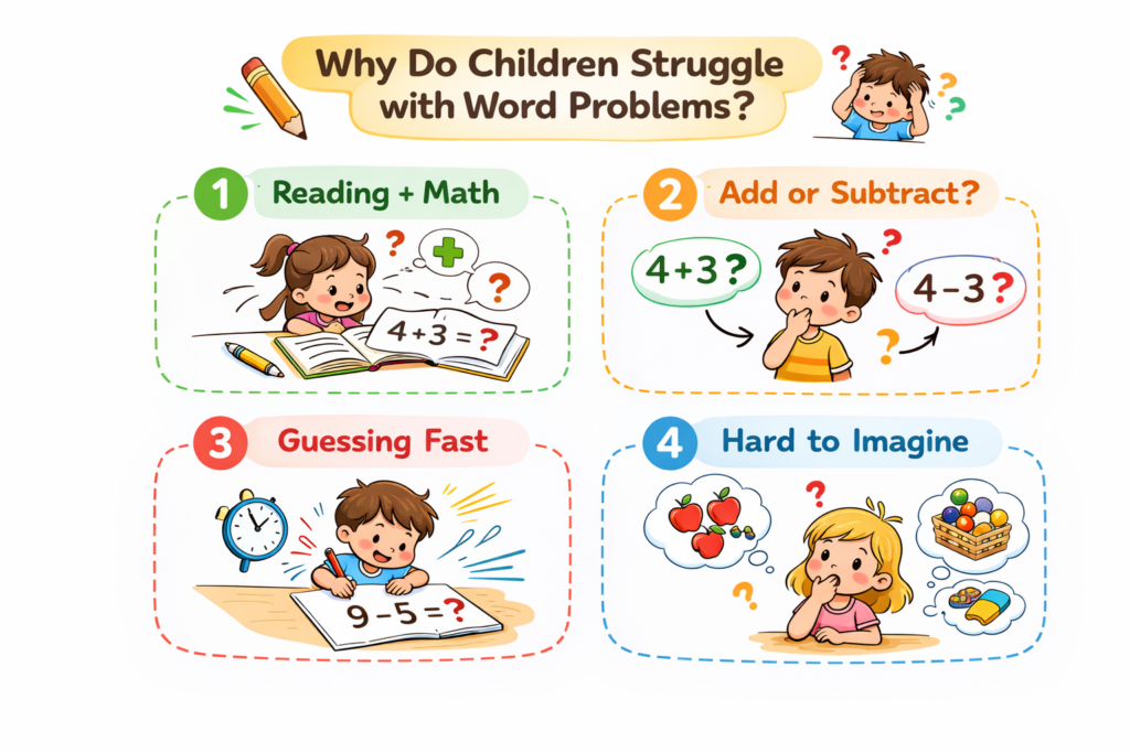 A child struggling with maths word problems, unable to choose the operation