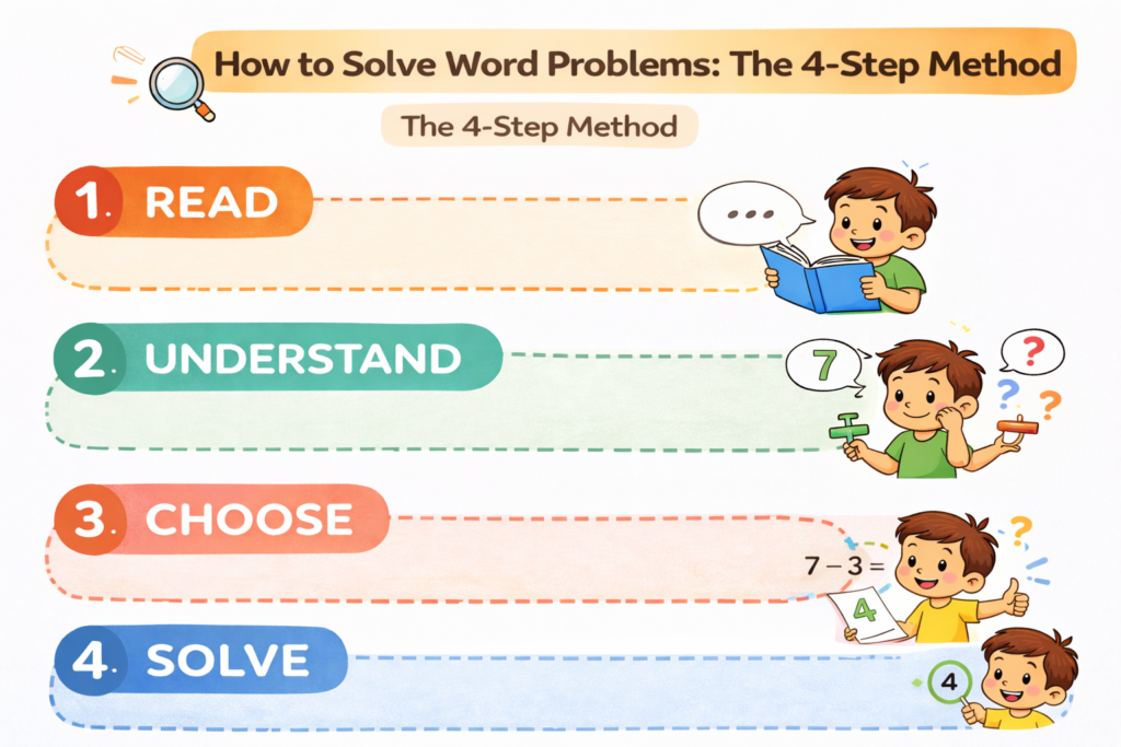 4-step method to solve word problems for kids read, understand, choose, solve