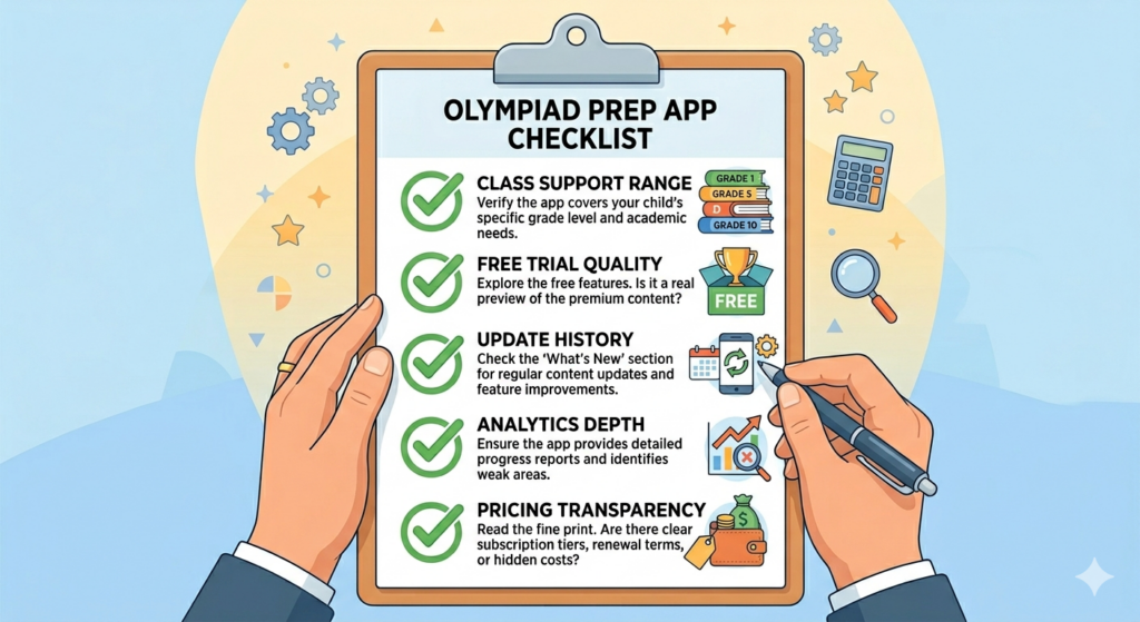 A parent's checklist illustration listing five things to verify before purchasing an Olympiad prep app: class support range, free trial quality, update history, analytics depth, and pricing transparency