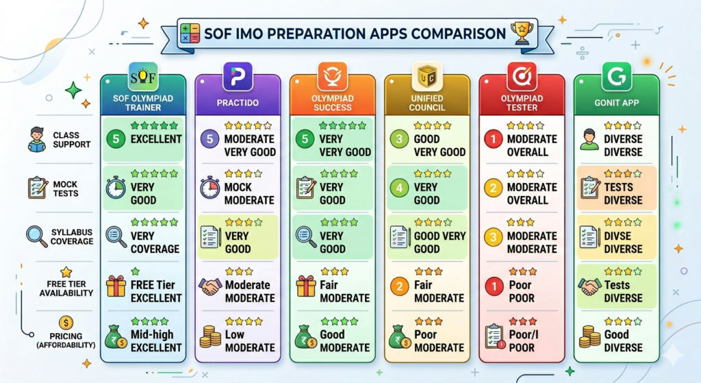 A comparison table of six SOF IMO preparation apps — SOF Olympiad Trainer, Practido, Olympiad Success, Unified Council, Olympiad Tester, and Gonit App — rated across class support, mock tests, syllabus coverage, free tier availability, and pricing