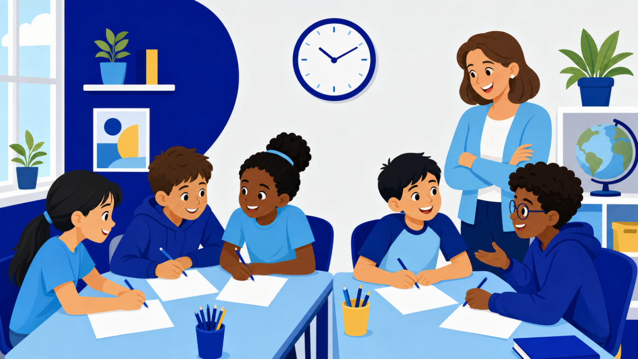 Elementary and middle-school students working together on a timed math olympiad contest in their classroom with their coach nearby
