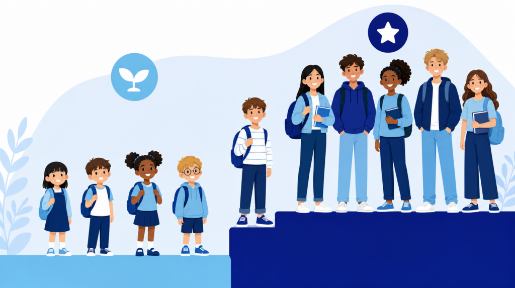 Two groups of students shown by height to represent MOEMS Division E and Division M, with one student standing between them to show the sixth-grade overlap