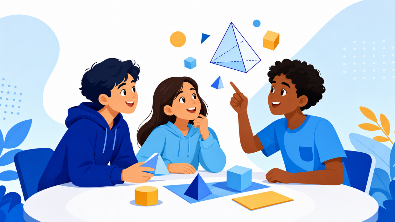 Middle school students solving math competition problems together in a bright flat illustration