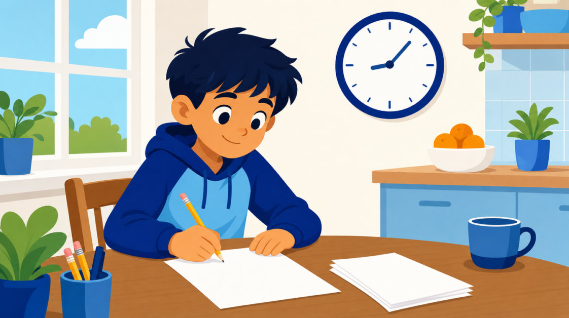 Student practicing MOEMS-style math problems at a kitchen table with a practice timer in the background