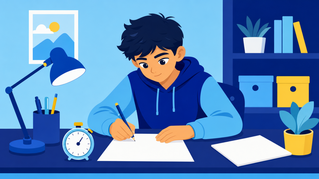 Middle school student practicing MATHCOUNTS-style math problems with a timer nearby