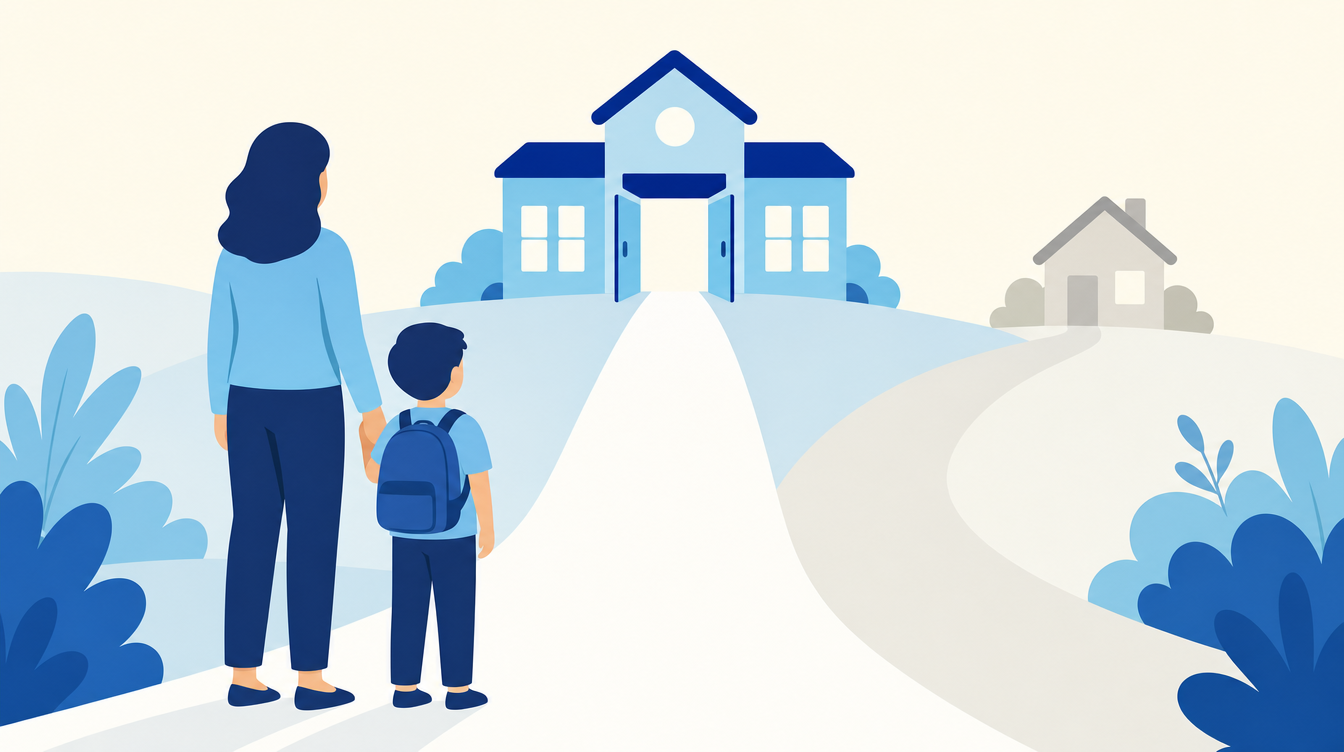 Competition Math for Middle School: Which Contest to Pick? (2026) 2 A parent and child choosing a path at a school building, symbolizing picking a math competition