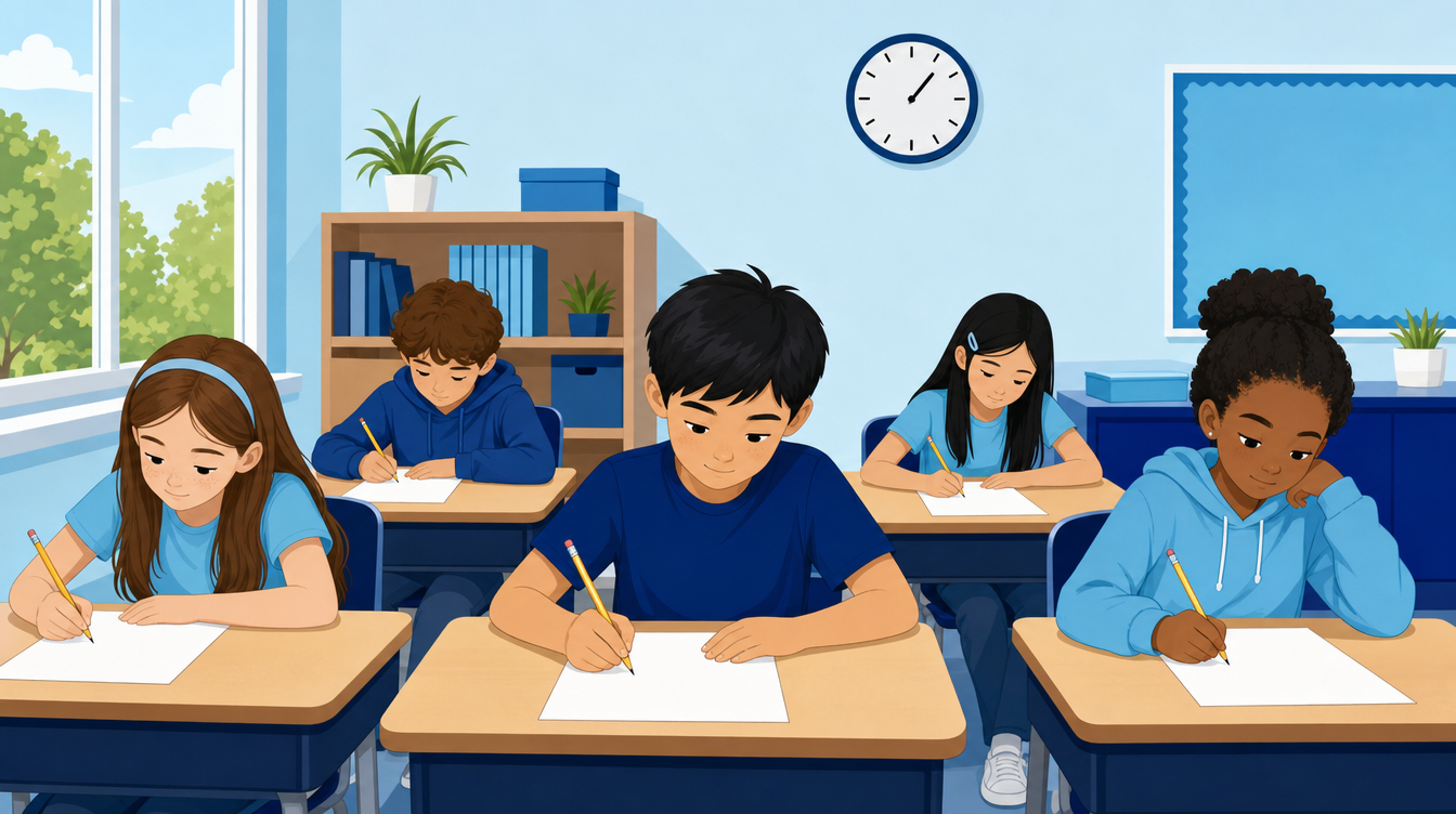 Noetic Learning Math Contest: Grades, Format & Prep (2026) 2 Students at desks taking a timed math contest test with a classroom clock on the wall