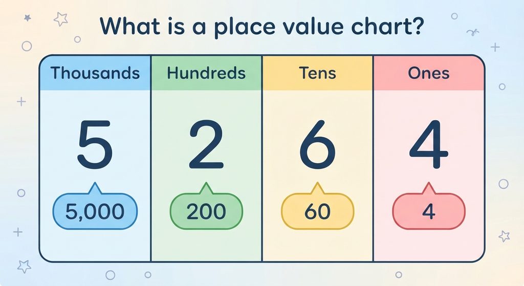 Place Value Chart for Class 4: Ones to Millions 2 Place value chart showing the number 5,264 split into thousands, hundreds, tens and ones