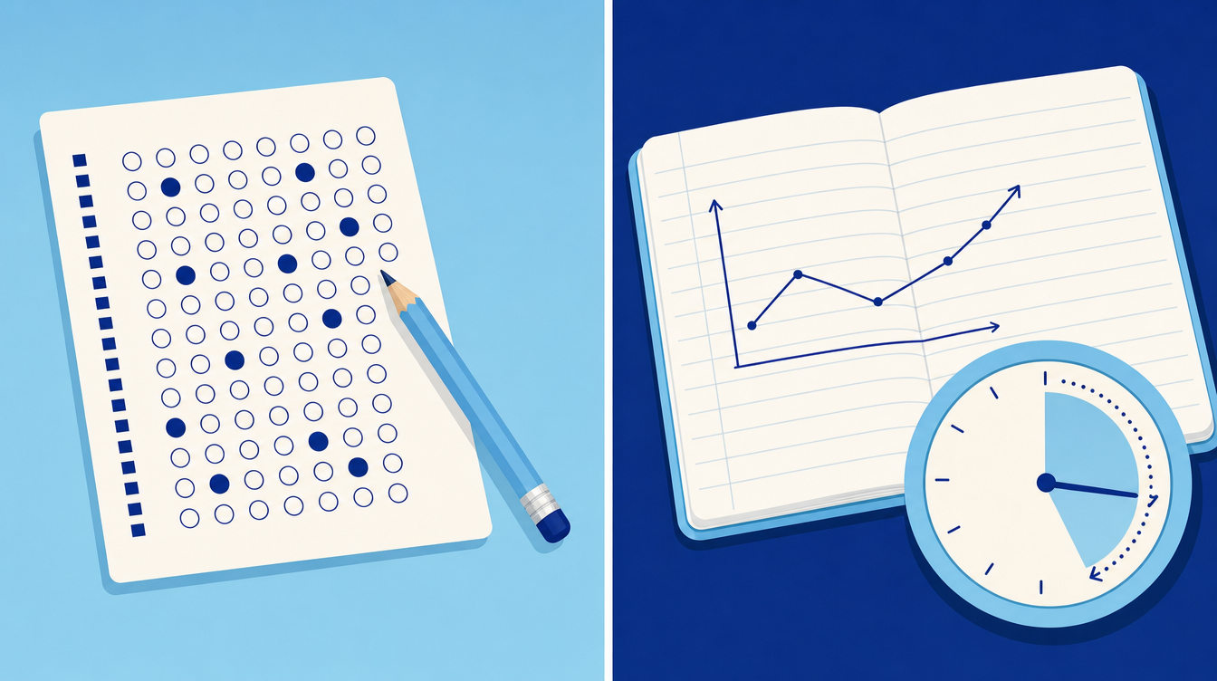 MathWorks Math Modeling Challenge (M3): Is It Right for Your Student? 2 Bubble test sheet next to a notebook and 14-hour clock, showing how the M3 Challenge differs from a timed test