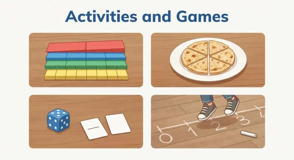 Hands-on fraction addition activities using paper strips, food, dice and a floor number line