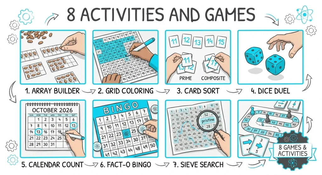 Eight hands on activities and games for learning prime and composite numbers at home