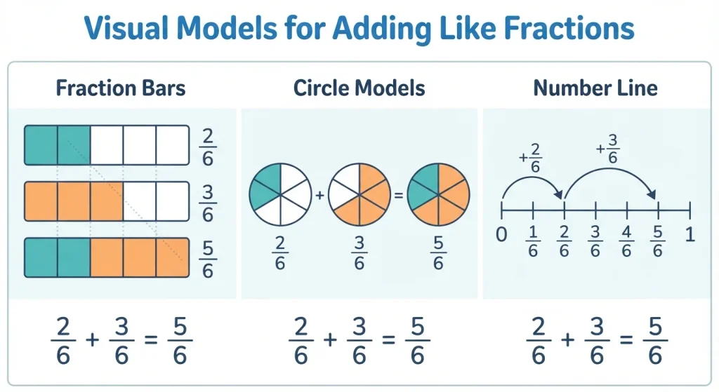 Three visual models for adding fractions with like denominators using fraction bars, circles and a number line