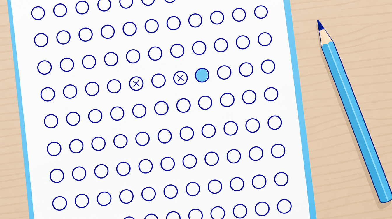 A Mu Alpha Theta Practice Test You Can Run in One Club Meeting 2 A bubble answer sheet where one question has two choices crossed out and one filled in, while the other questions are left blank on purpose