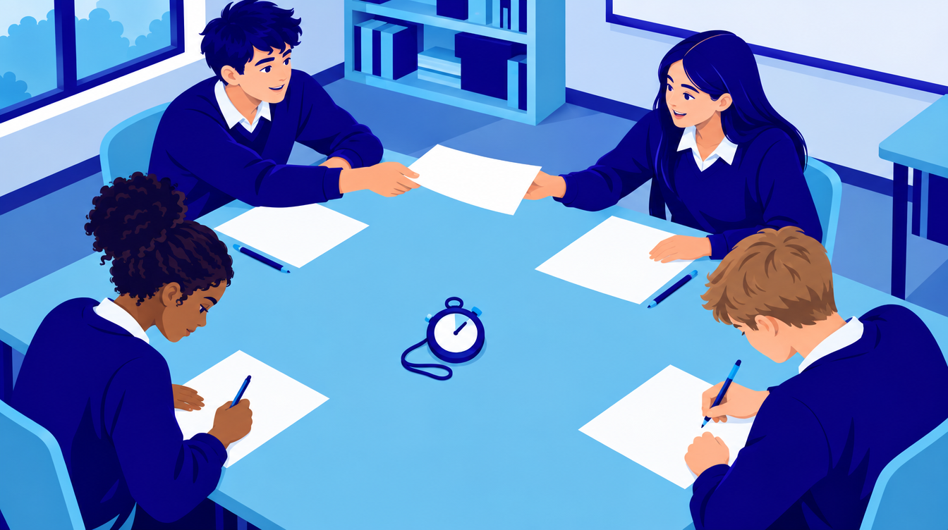 Caltech Math Meet: Why Your Team Needs a Fourth Member 2 Four students in a timed team practice round, one passing a finished answer sheet to a teammate