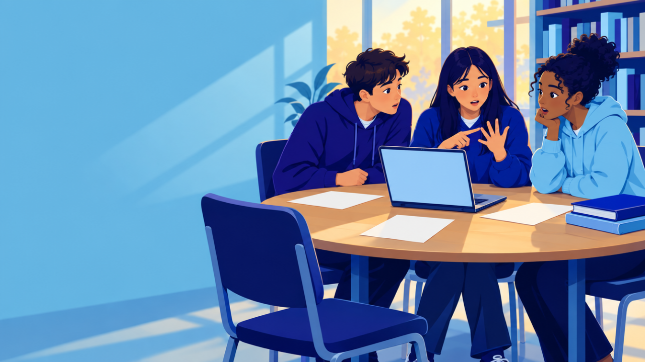 Three students at a library table working something out, with an empty fourth chair beside them