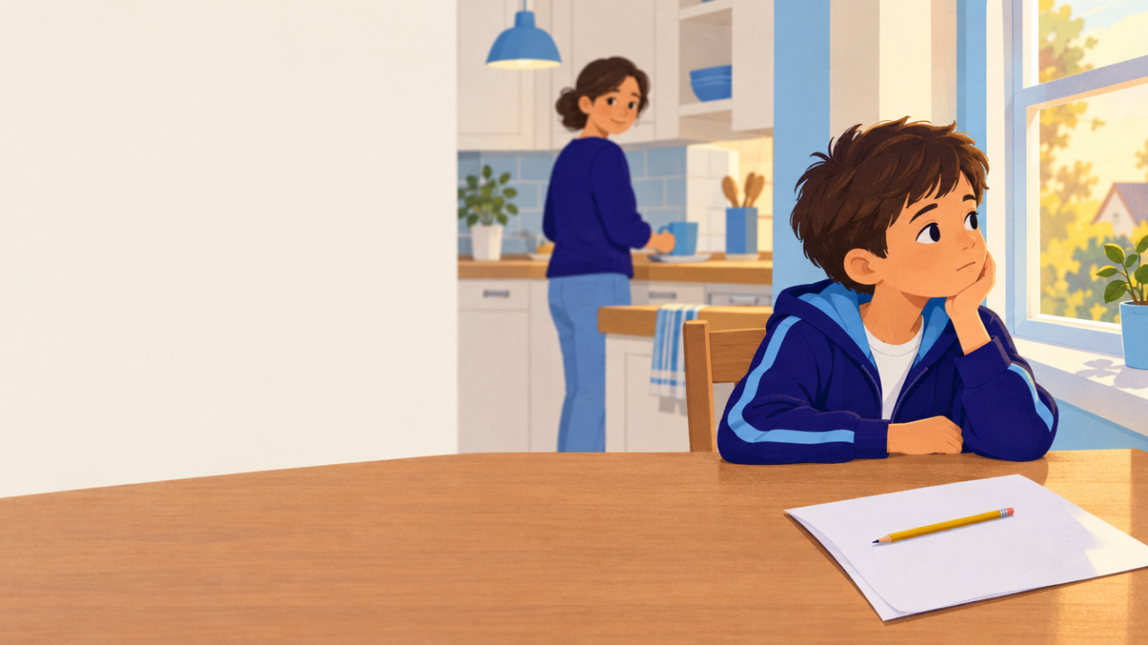 A child who finished their math worksheet early sits restless at the kitchen table while a parent looks on