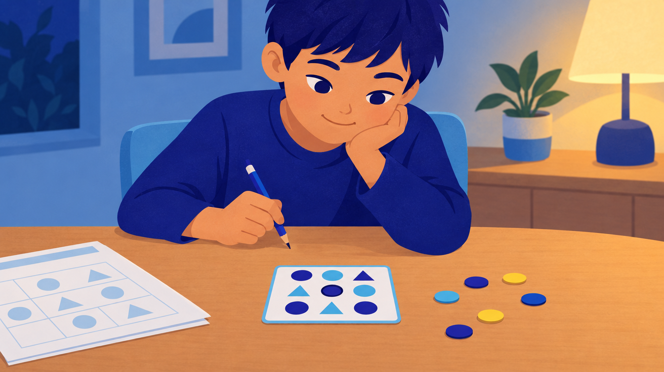 A child at the kitchen table sets a finished worksheet aside and thinks hard about a single math puzzle card