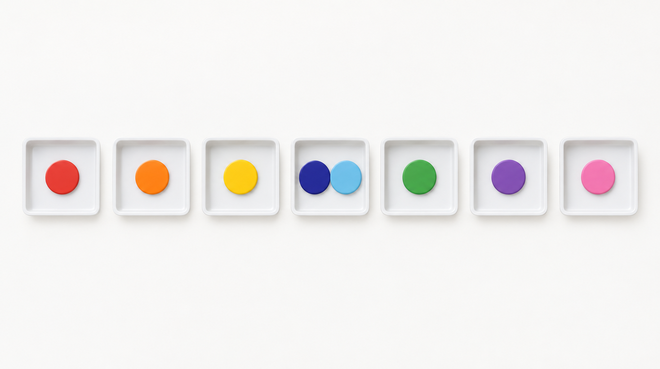 Seven trays with one colored counter each, except one tray holding two, showing the pigeonhole principle
