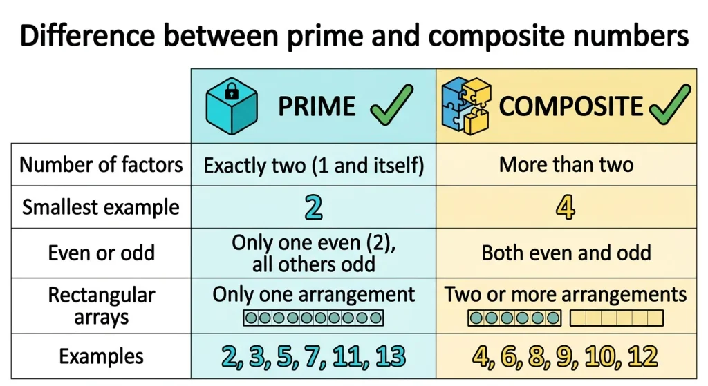 Comparison table showing the difference between prime and composite numbers