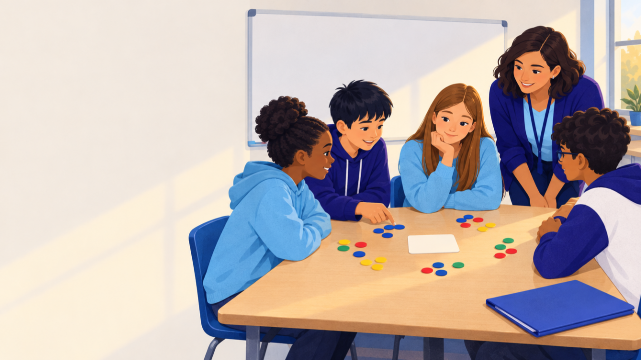 A teacher and a mixed group of students at a new math club meeting, working together with counters on one problem