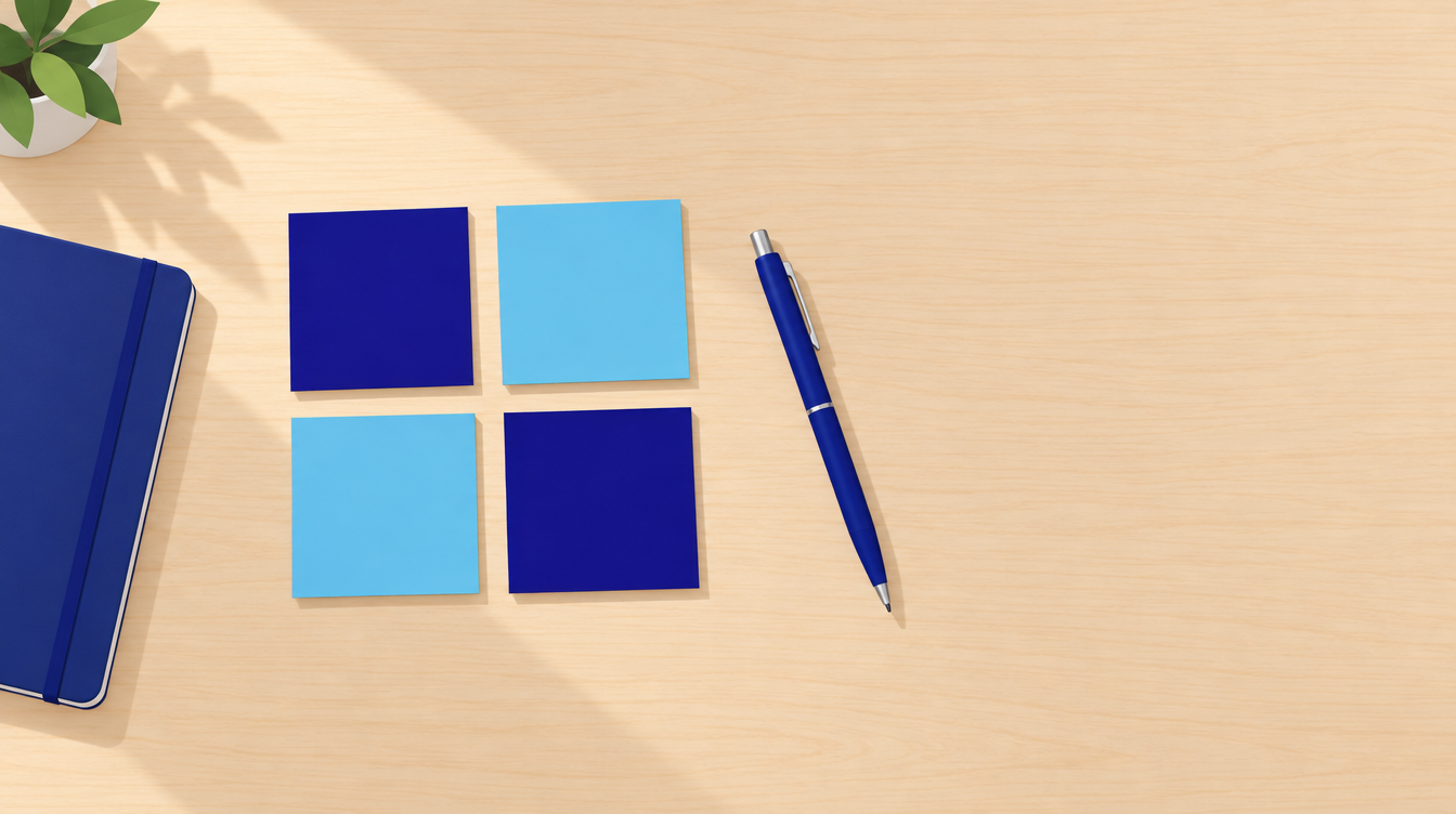 Four blank sticky notes in a square on a desk, ready for writing one reason for each item in a set