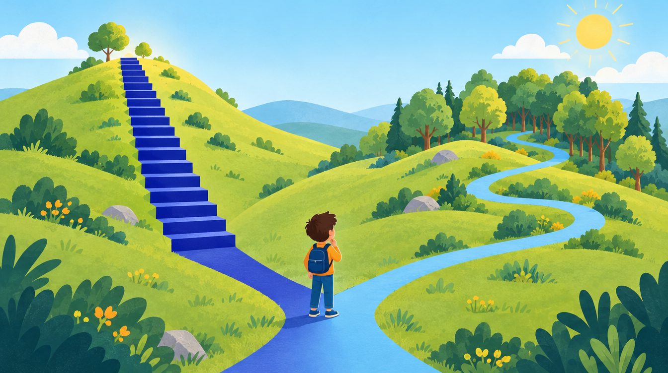 A child at a fork between a short staircase and a winding trail, showing faster math acceleration or deeper math enrichment