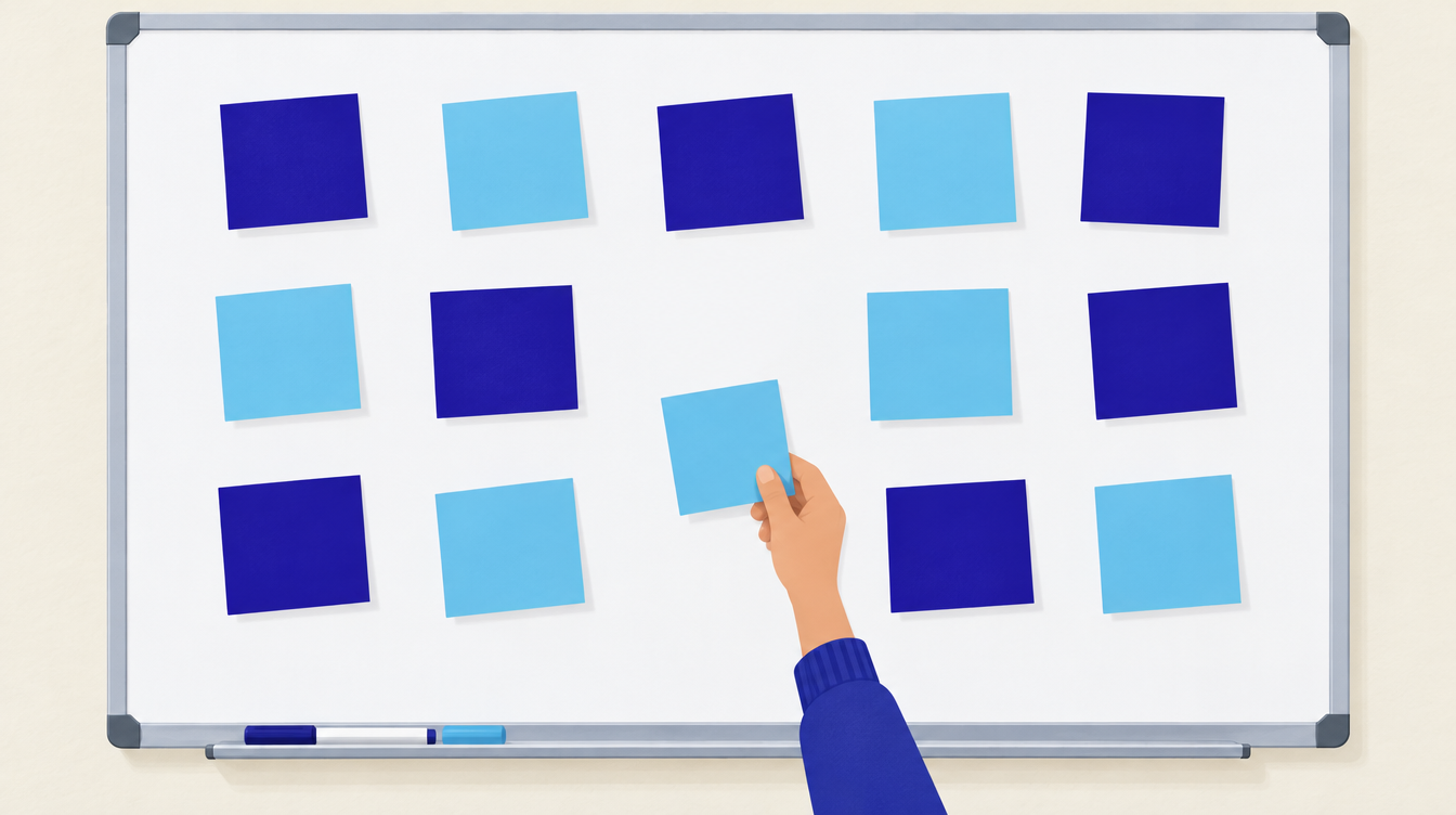 A math club's unfinished board of blank sticky notes, with a student adding one more question for next week