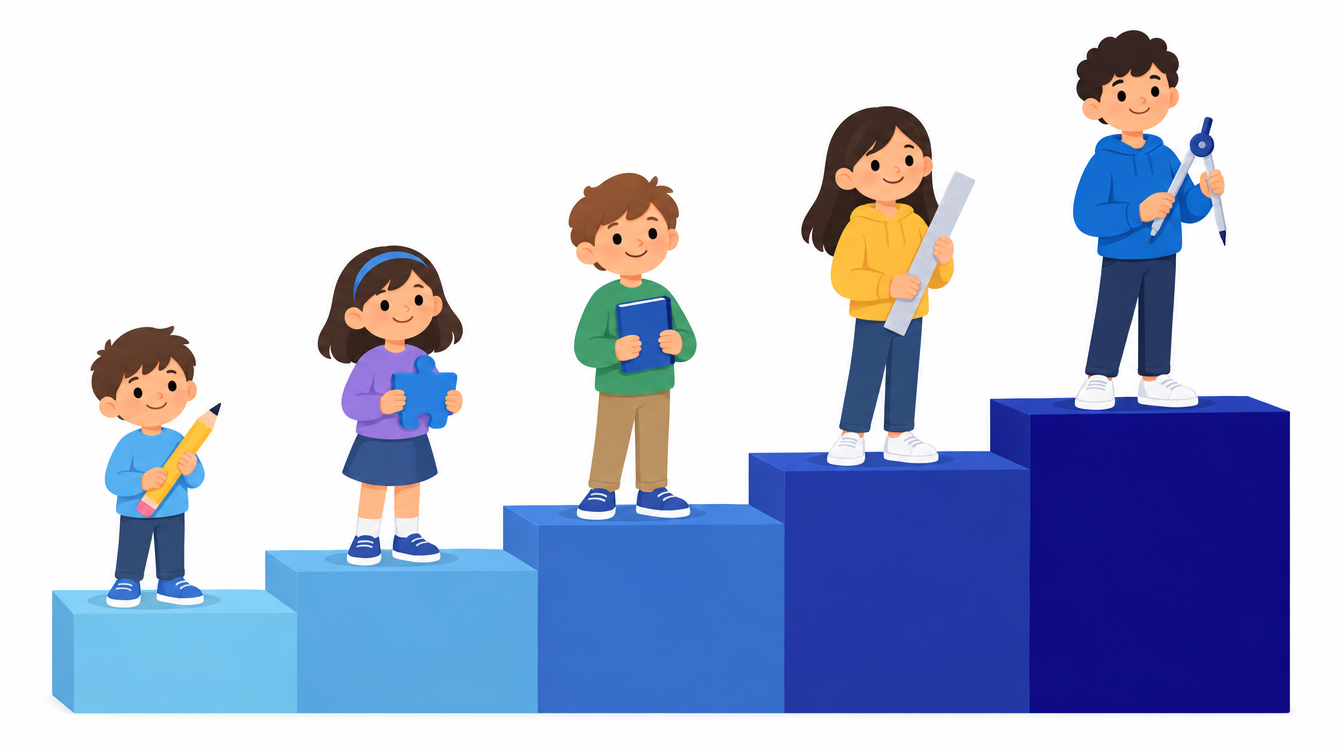 Five children on rising steps, each a little older, showing how math contests change from early grades to middle school