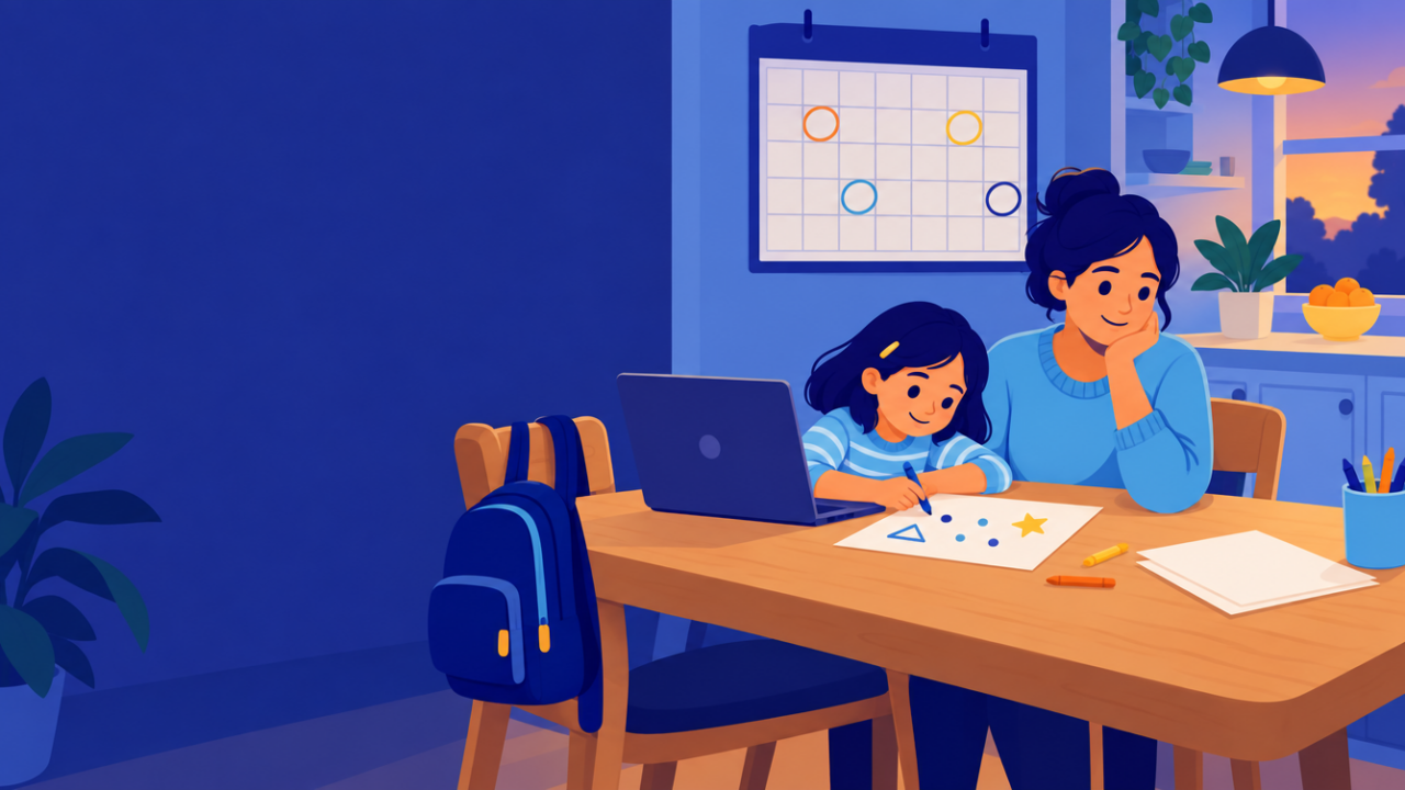 Which Math Olympiad Is Best for Kids? Let the Grade Decide 5 Parent at a kitchen table with a laptop, child doodling shapes, and a wall calendar with a few dates circled