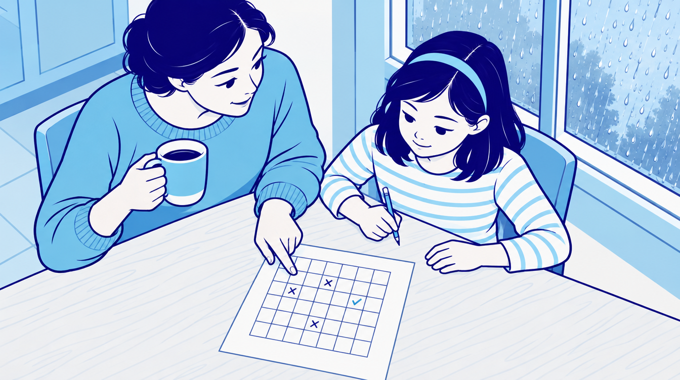 A parent pointing to one row of a logic grid while a child marks X's and a check with a pencil
