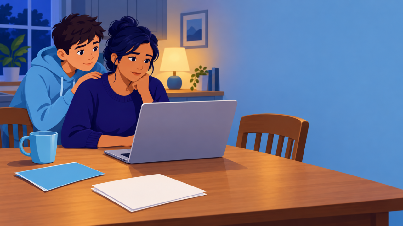 No School Math Team? Your Child Can Still Do Purple Comet 2 A parent and child at a kitchen table looking at a laptop together