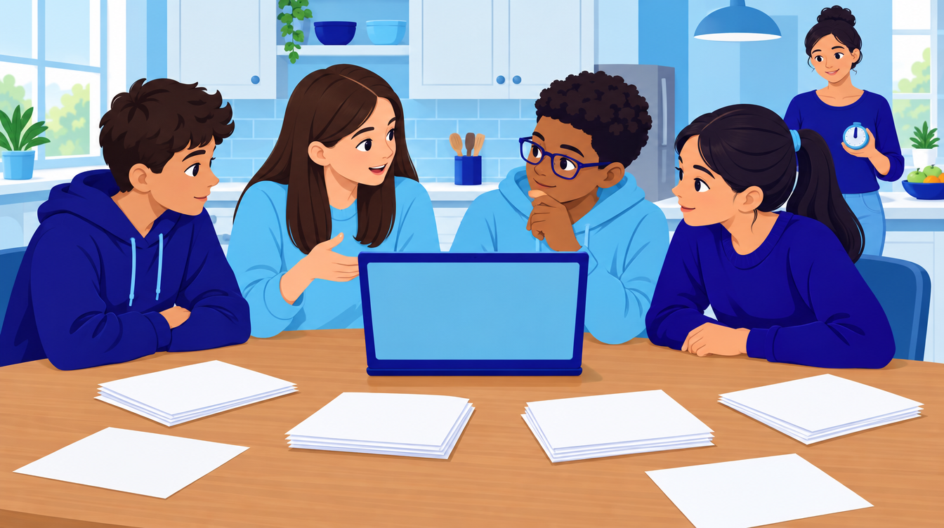 No School Math Team? Your Child Can Still Do Purple Comet 2 Four students splitting a practice paper at a kitchen table while a parent keeps time