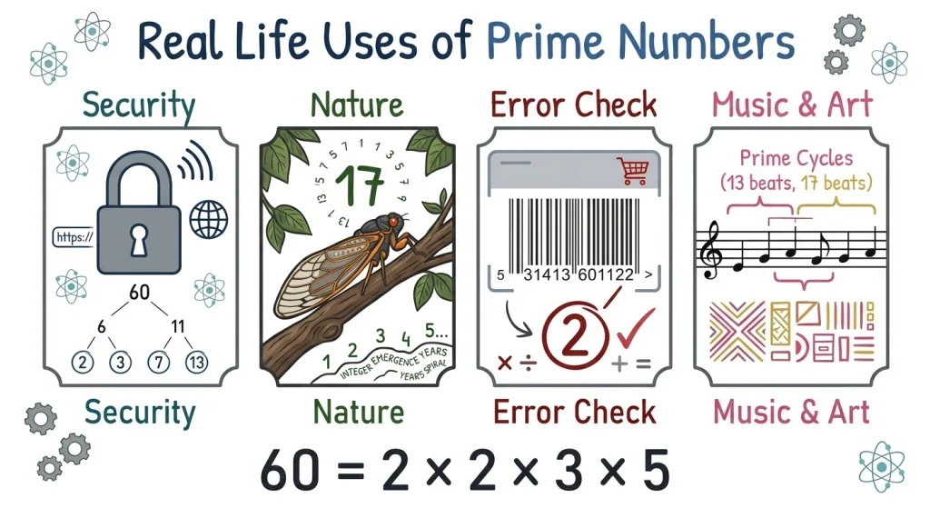 Real life applications of prime numbers in digital security, nature, barcodes and music