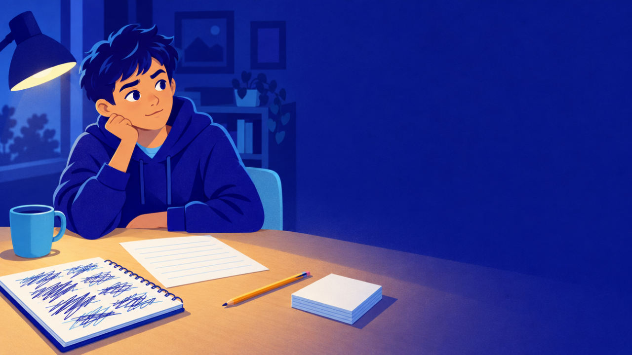 A student at a desk in the evening, puzzling over a short solution page next to a notebook full of crossed-out attempts