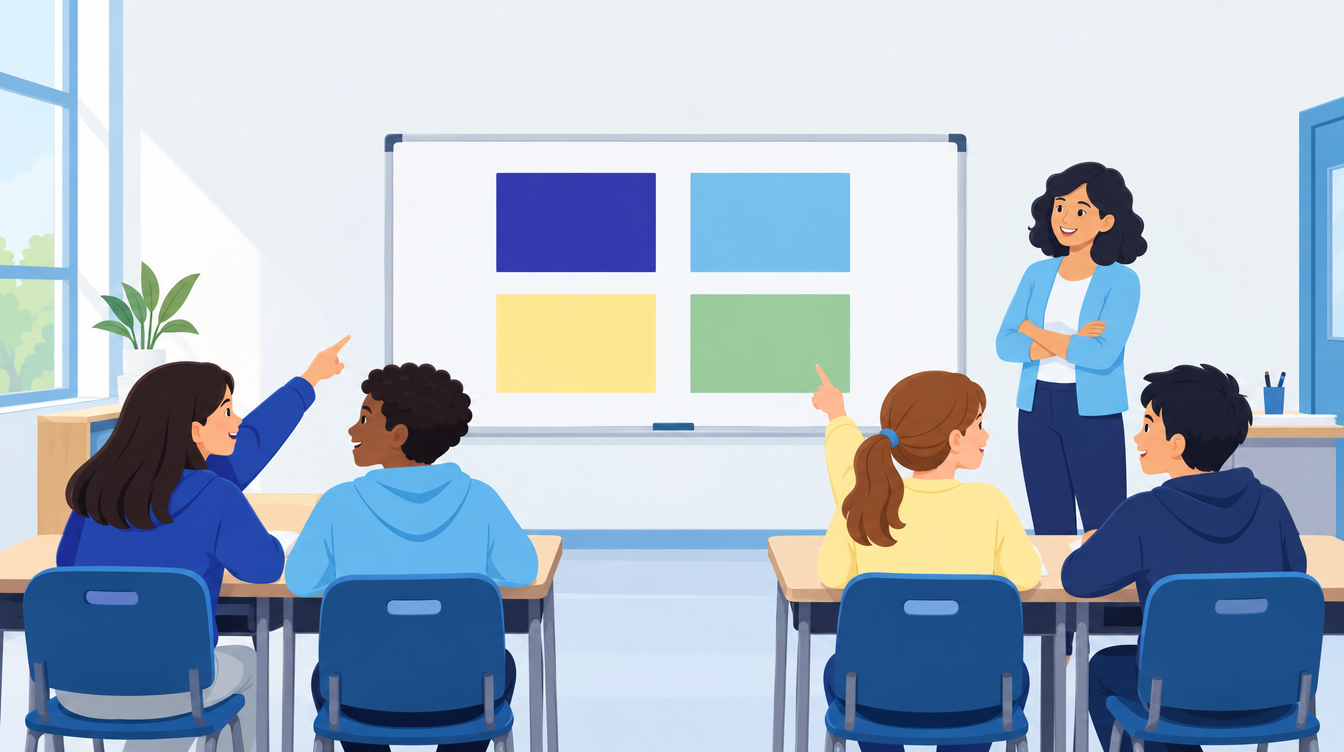 Students in pairs pointing at four blank cards on a whiteboard grid during a which one doesn't belong warm-up
