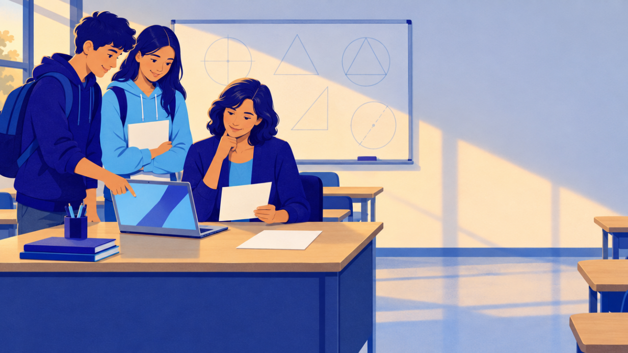 Your Students Want a Mu Alpha Theta Chapter. Here's Your First Year. 5 A math teacher at her desk after class with two students who are asking her to start a math honor society chapter