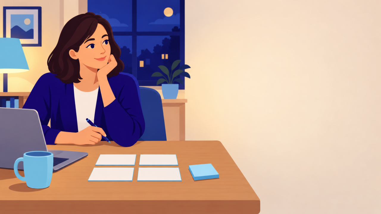 A teacher at her desk on a quiet evening planning a which one doesn't belong math warm-up with four blank cards in a grid