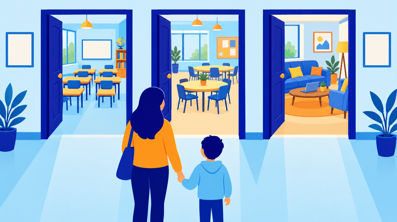 Parent and child choosing between three doors: a school classroom, a community room and a living room with a laptop