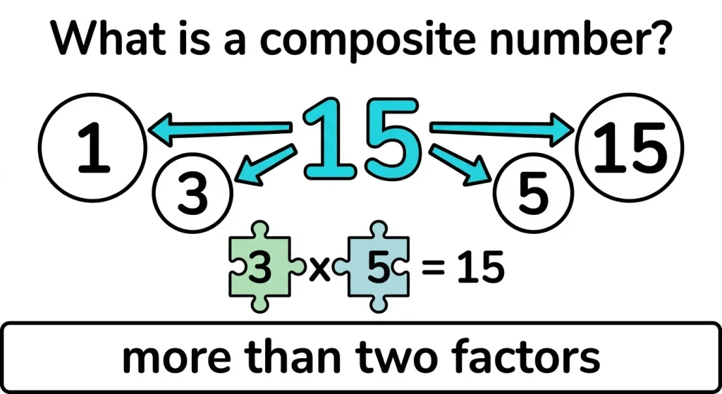 What is a composite number, showing 15 with its four factors 1, 3, 5 and 15